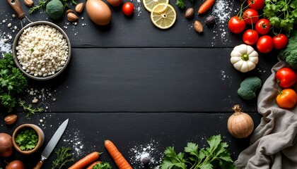 The background of cooking. On a black wooden background. Top view. Free space for your text.