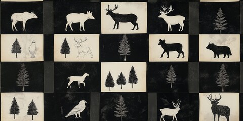 Obraz premium An elegantly illustrated black-and-white deer with intricate antlers gazes left, its details captured in the bottom right corner caption
