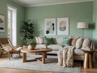 Serene Living Room With Sage Green Walls And Neutral Decor