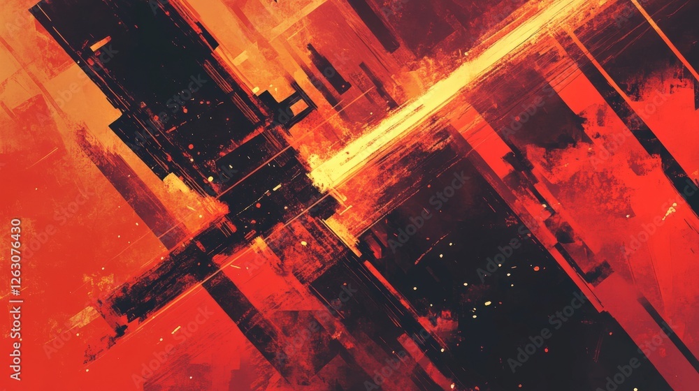 Poster abstract composition of vibrant red and black geometric shapes creating dynamic energy