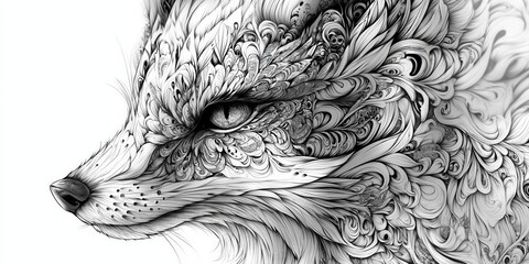 A mesmerizing, detailed black-and-white illustration captures an up-close view of a fox's head and neck. Intricate patterns adorn its expressive features