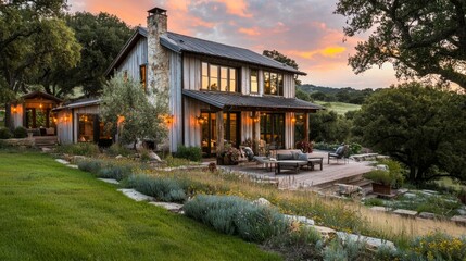 Elegant Rustic Home Surrounded by Lush Green Landscape at Sunset