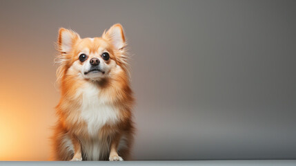 Obraz premium Adorable pet dog sitting against gray background, showcasing its fluffy fur and bright eyes