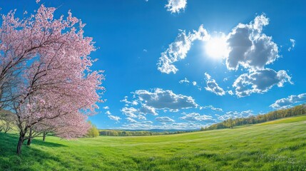 Spring blossom tree sunny field landscape, idyllic nature scene, perfect for travel brochures