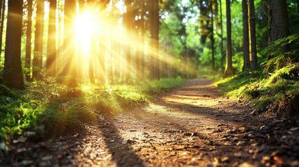 Obraz premium scenic hiking trail through lush forest with sunlight streaming