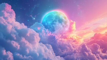 Obraz premium Iridescent clouds gently encircling a full moon, their rainbow-like hues creating a celestial spectacle,