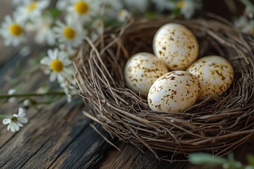 Obraz premium Spring's Bounty Quail eggs nestled in a delicate nest amidst blossoming spring flowers symbolizing new life renewal and the beauty of nature's creations