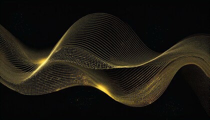 flowing dot particles wave line pattern yellow gold gradient light isolated on dark black background concept of ai technology science soundwave big data website template and landing page