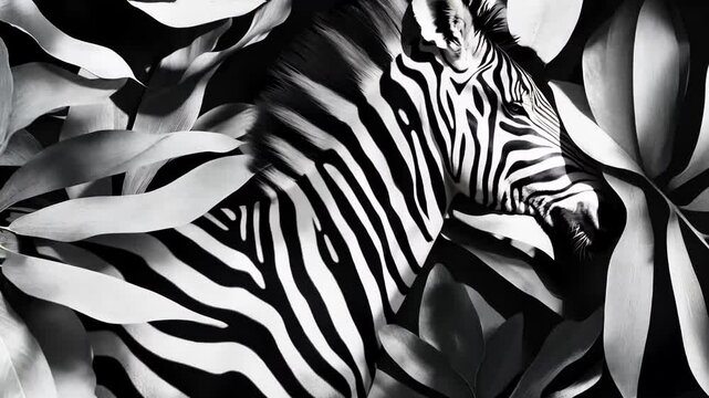 A striking black-and-white composition featuring a zebra partially hidden among abstract tropical leaves. The high-contrast design blends nature and art, creating a visually captivating and modern 