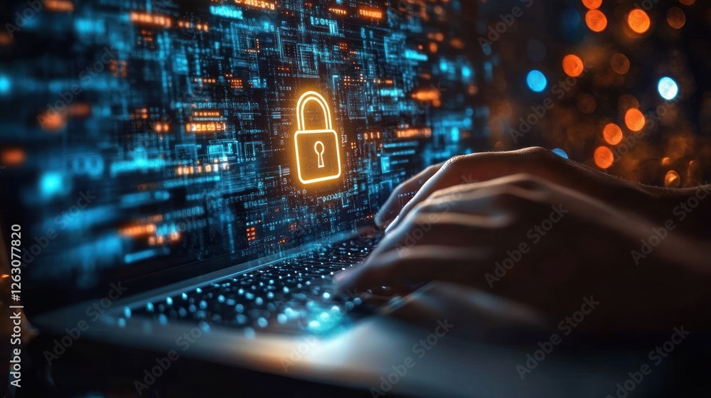 Poster Data Protection and Cybersecurity Using Laptop with Digital Padlock and Encryption Graphics
