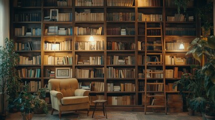 Obraz premium Cozy Reading Corner with Bookshelves and Armchair in Warm Lighting