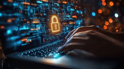 Data Protection and Cybersecurity Using Laptop with Digital Padlock and Encryption Graphics