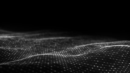 Dynamic black wave of particles. Abstract futuristic background. Big data visualization. 3D rendering.