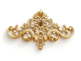 Opulent Golden Filigree Decorative Element on Pure White Surface An exquisite golden filigree decorative element with delicate swirls and an ornate design isolated on a clean white background
