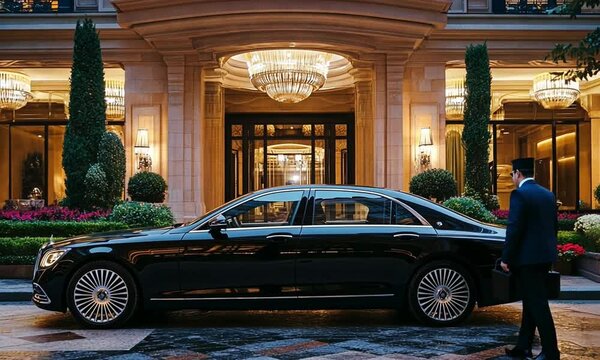 Luxurious black car parked outside an upscale hotel with elegant architecture and lush landscaping