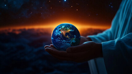 Jesus holding Earth in his hands, wearing white robe, with cosmic background and glowing horizon, symbolizes hope and unity for humanity