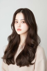 Fototapeta premium Portrait of a Young Woman with Glossy Lips and Long Flowing Hair