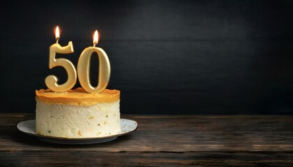 50th Anniversary candle lit on a cake with copy space