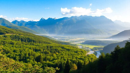 mountain landscape with lake and mountains