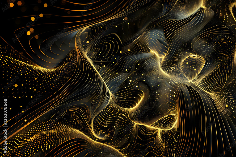 Poster abstract golden wave patterns flowing through a dark background, creating a sense of depth and movem