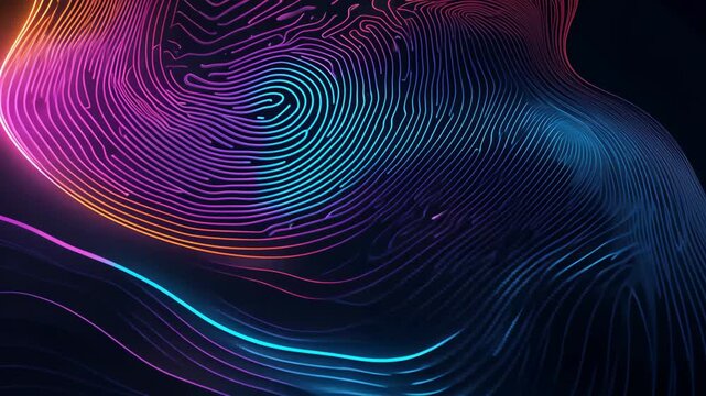 Vibrant neon fingerprint closeup. Concept of identity and internet security