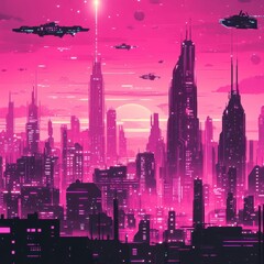 Fototapeta premium Futuristic pink city landscape with flying vehicles and tall buildings