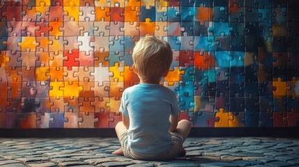 Young Child Contemplating Colorful Puzzle Mural Symbolizing Autism Awareness and Inclusion