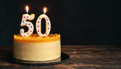 50th Anniversary candle lit on a cake with copy space