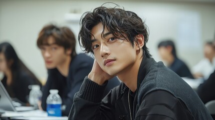 young man with stylish hair sits in classroom, looking thoughtfully at camera. Other students are engaged in discussions, creating collaborative atmosphere