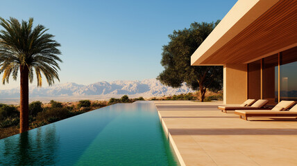 Fototapeta premium Modern architecture with stunning desert landscape, featuring sleek pool, palm trees, and mountains in background, creating serene and luxurious atmosphere