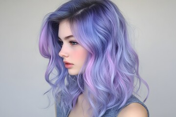 Naklejka premium Captivating Lavender and Blue Wavy Hairstyle of Young Female Model in Studio Portrait