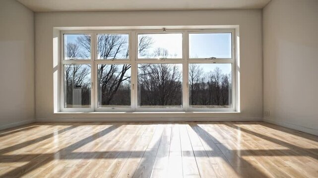 Wide-angle video of a sunlit, empty room with large windows and wooden floors, capturing a minimalist and serene atmosphere.