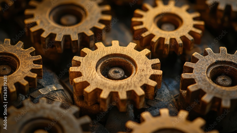 Poster gears in mechanical arrangement, showcasing intricate details and textures. image highlights importa