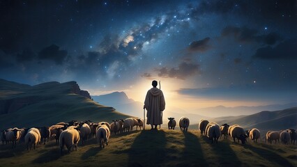 **"Jesus Christ&rsquo;s Birth: Wooden Stable Under a Dark Blue Starry Night Banner with Copy Space"**