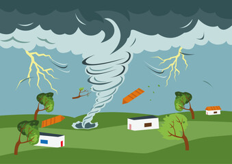 Vector illustration of a destructive hurricane. Vector illustration of a cartoon hurricane destroying a residential buildings on its way. The concept of climate threat to the population. Tornado House