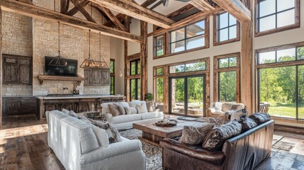 Spacious Rustic Living Room with Natural Light and Wood Accents