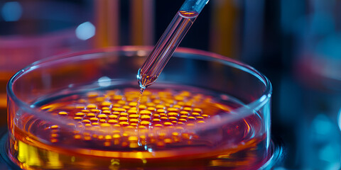 Pipette dispensing liquid into petri dish, Scientific research experiment

