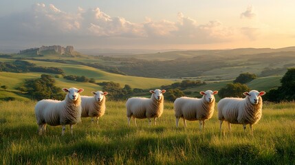 Obraz premium Group of sheep scattered across a vast meadow with rolling hills, tranquil countryside