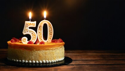 50th Anniversary candle lit on a cake with copy space