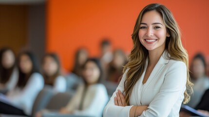 Obraz premium confident woman smiles while presenting to engaged audience in modern setting. Her professional attire and warm expression convey enthusiasm and leadership