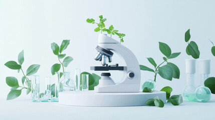 A biology lab with microscopic intelligent devices, test tubes, and plants in the background, technology and innovation.symbolizing environmental protection and sustainable development. 