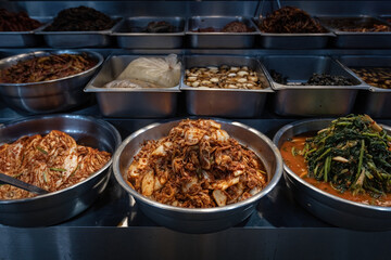 Traditional Korean pickles kimchi stall at Dongmun Traditional Market, Jeju Island, South Korea,
