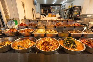Traditional Korean pickles kimchi stall at Dongmun Traditional Market, Jeju Island, South Korea,