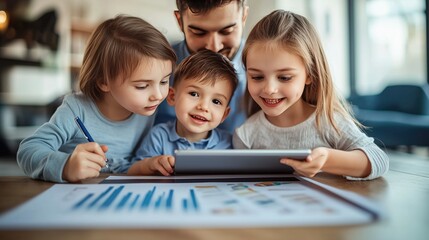 Family - oriented image showing a group of children and an adult looking at a tablet with charts, suggesting an educational or collaborative activity.