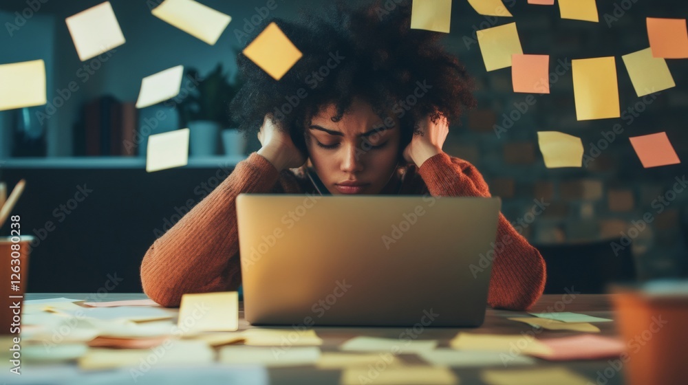 Poster stressed individual sits at a desk, surrounded by colorful sticky notes and a laptop, embodying the 