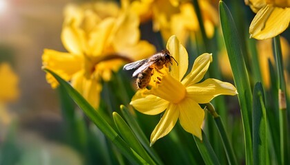 bee collecting nectar from yellow daffodil flowers in a blooming garden during springtime