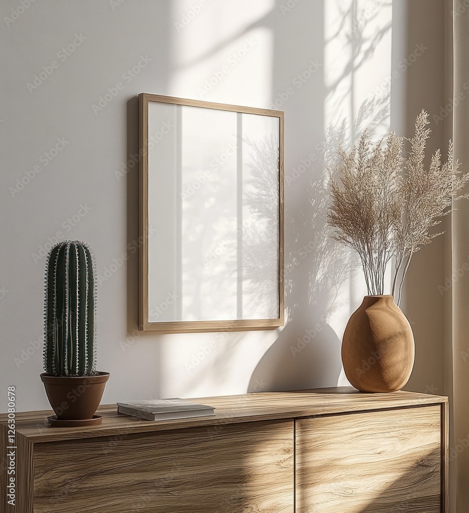 Poster minimalist wooden cabinet with cactus and empty picture frame in scandinavian interior