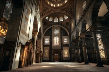 Fototapeta premium Elegance in every detail of the mosque interior with a dazzling Islamic design touch, creating a calm and solemn atmosphere