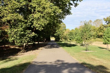 The empty pathway in the park on a sunny day.
