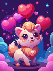 Cute Chibi Puppy with Big Sparkly Eyes and Colorful Heart Balloons in Magical Night Sky